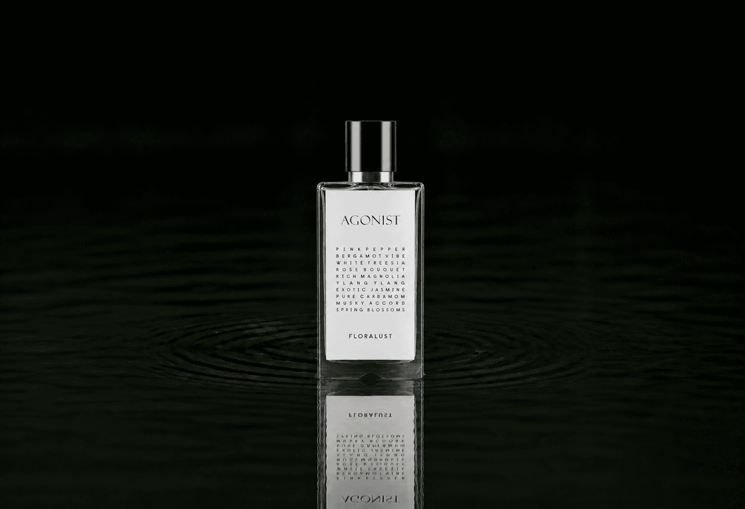 Agonist Floralust Perfume fragrance bottle floating above dark water