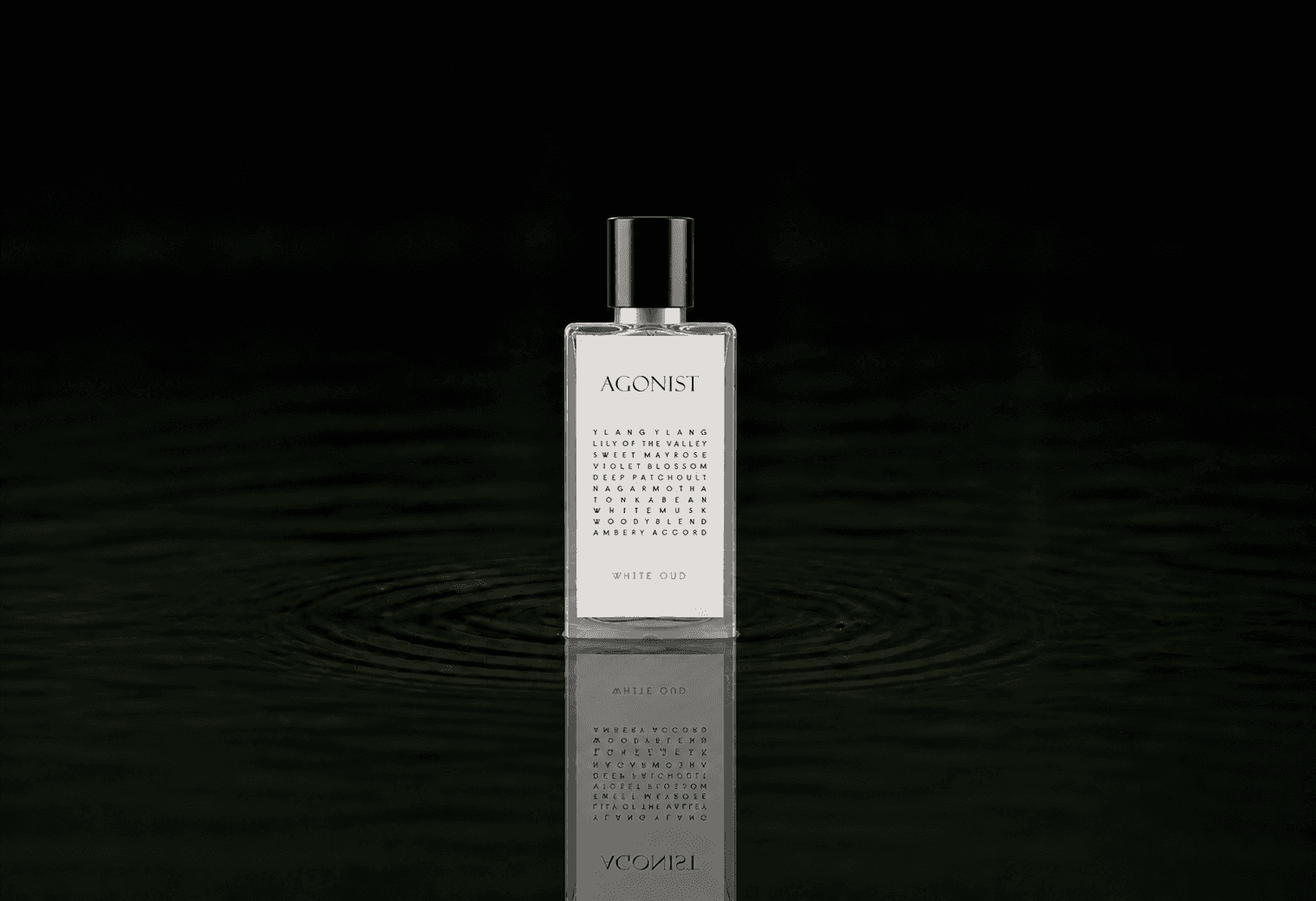 Agonist No.10 White Oud, Perfume fragrance bottle floating above dark water