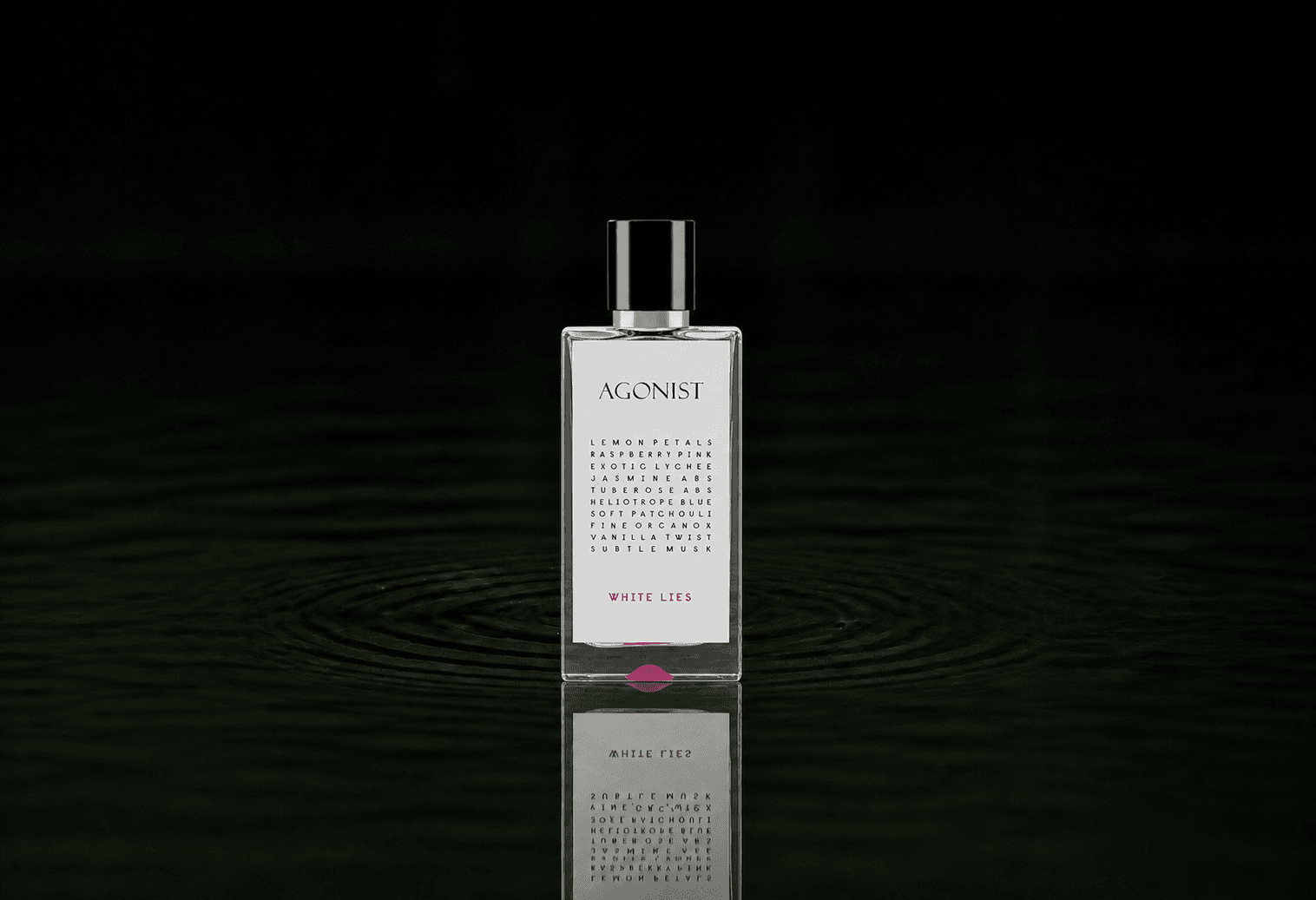 Agonist White Lies Perfume fragrance bottle floating above dark water