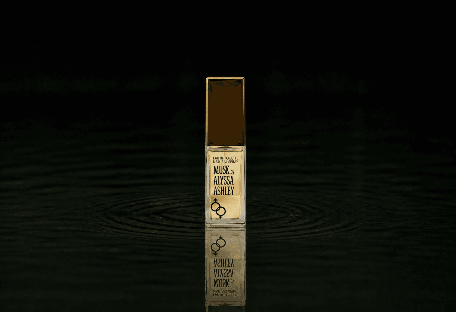 Alyssa Ashley Musk fragrance bottle floating above dark water