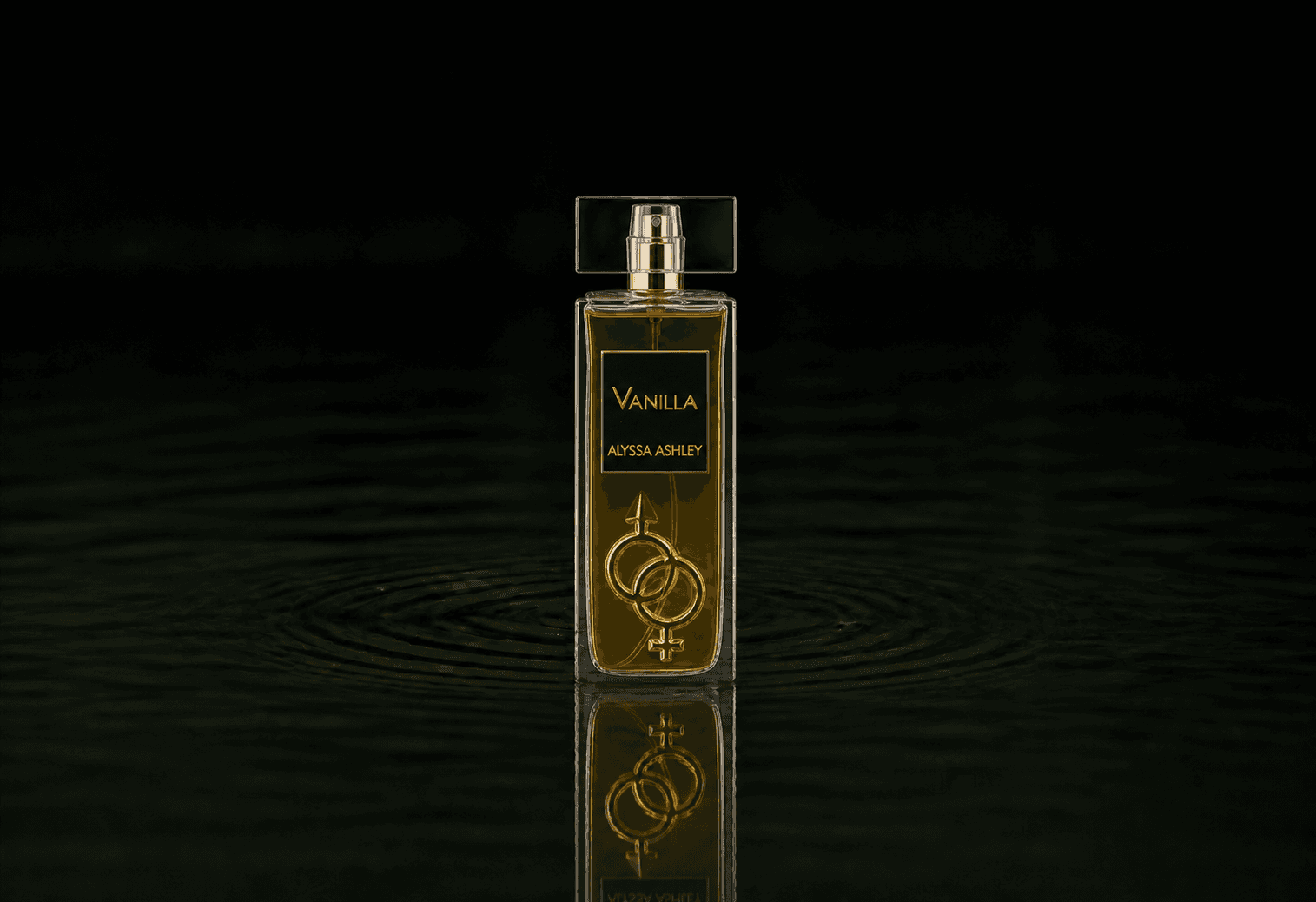 Alyssa Ashley Vanilla fragrance bottle floating above dark water