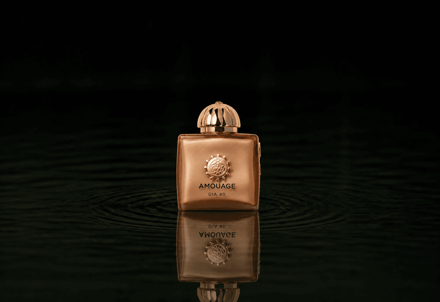 Amouage Dia 40 Woman fragrance bottle floating above dark water