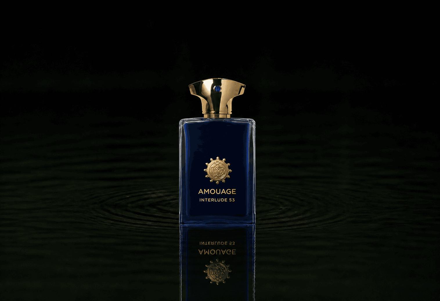 Amouage Exceptional Extraits Collection - Interlude 53 fragrance bottle floating above dark water