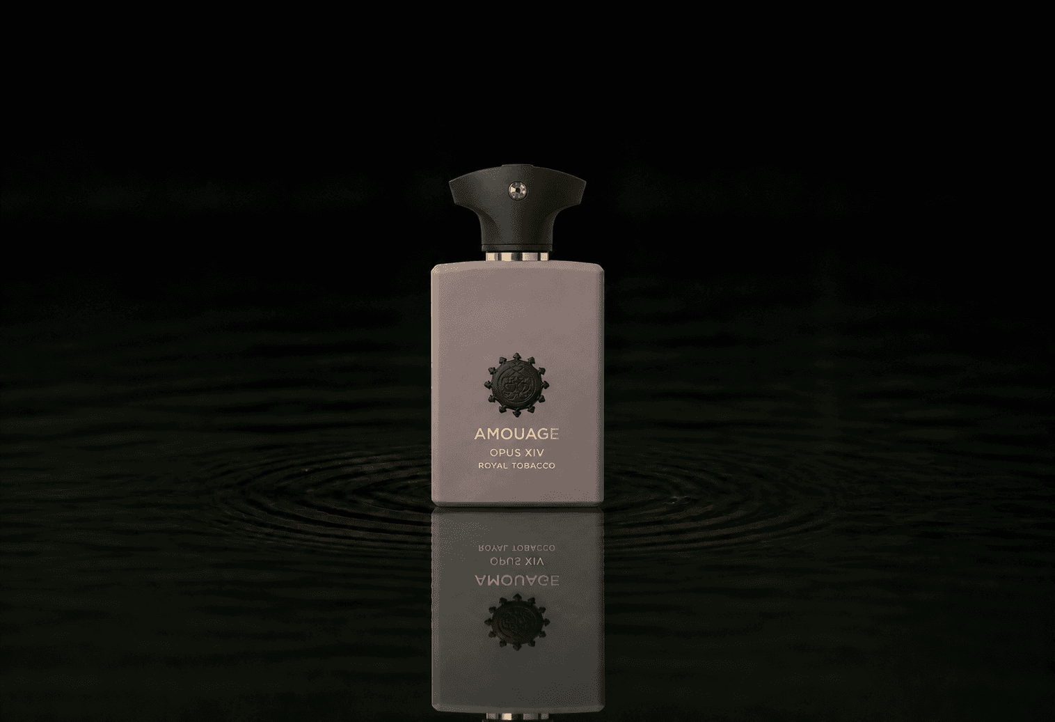 Amouage Opus Xiv Royal Tobacco fragrance bottle floating above dark water