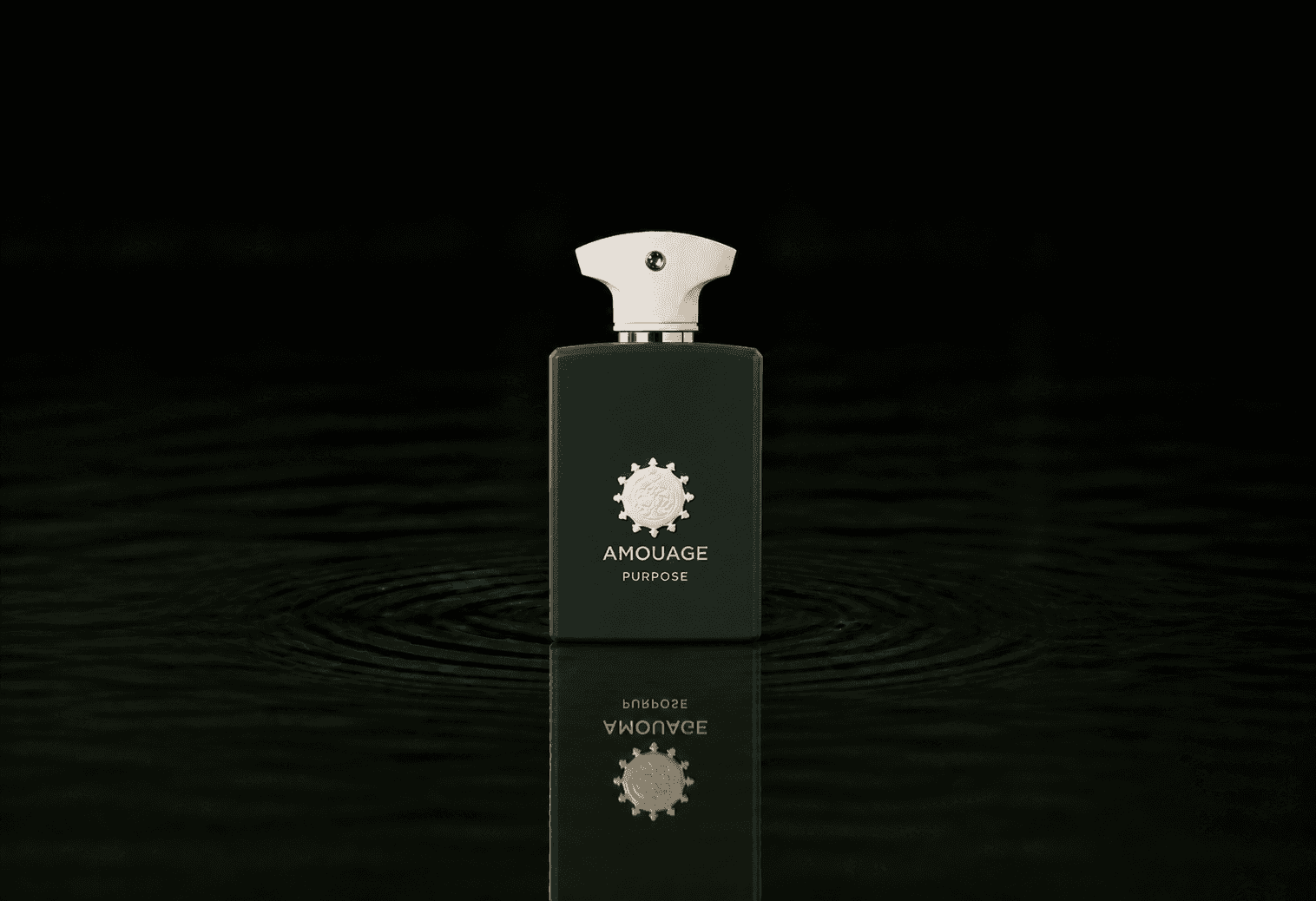 Amouage Purpose fragrance bottle floating above dark water