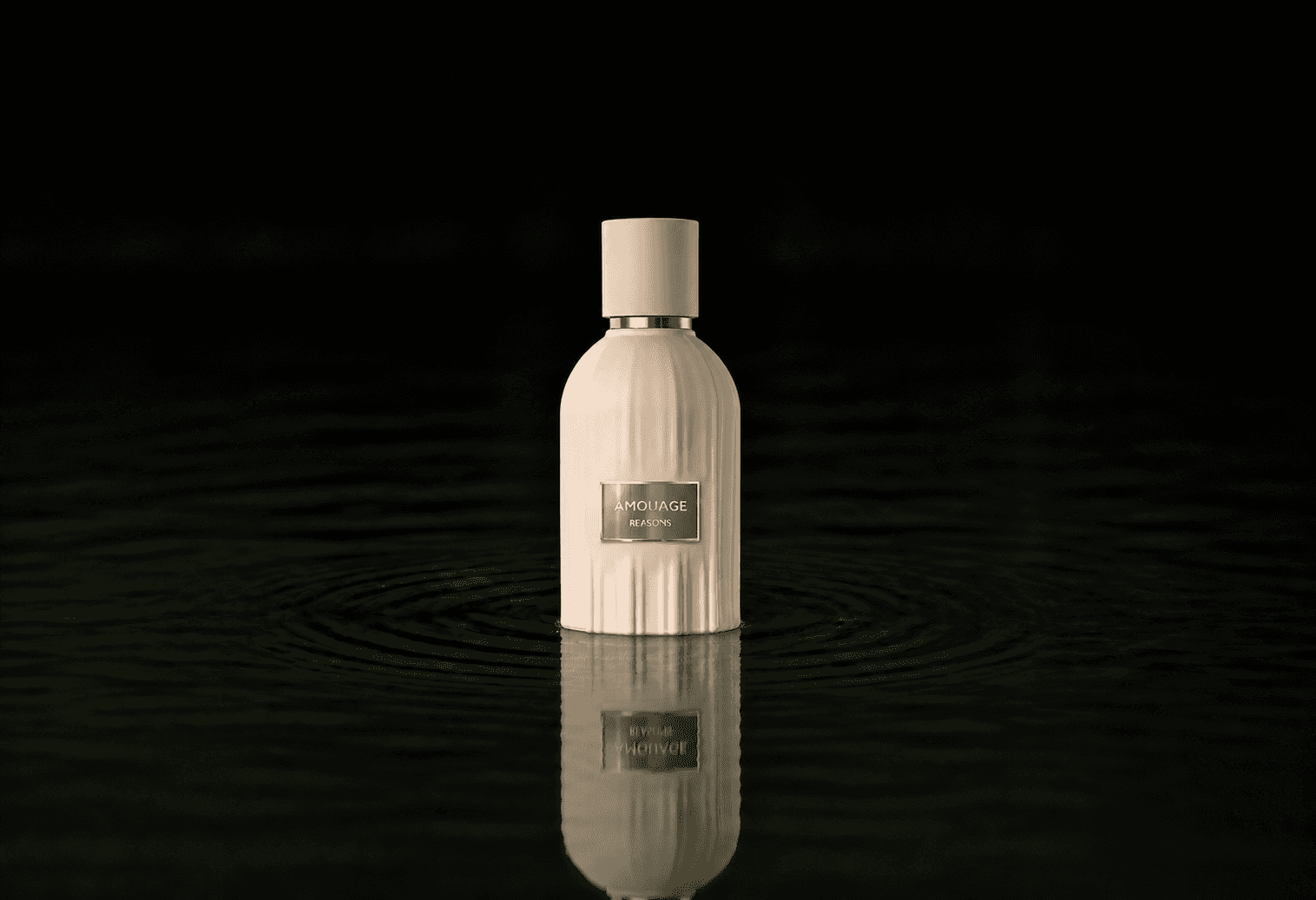 Amouage The Essences - Reasons fragrance bottle floating above dark water