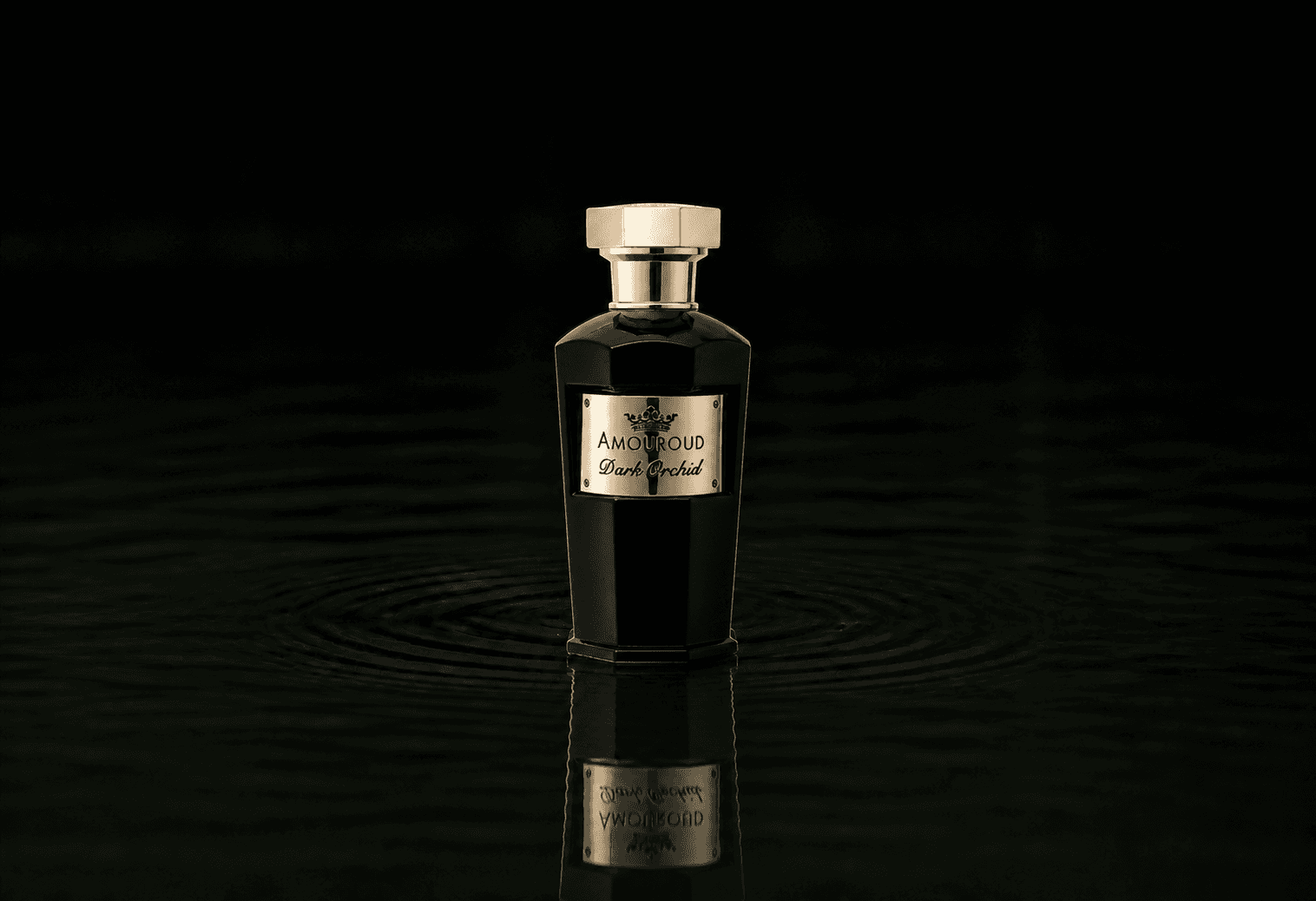 Amouroud Dark Orchid fragrance bottle floating above dark water