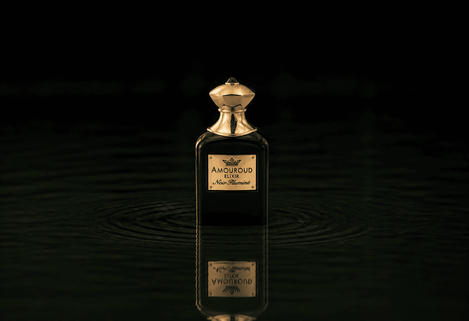 Amouroud Noirillumine Elixir fragrance bottle floating above dark water