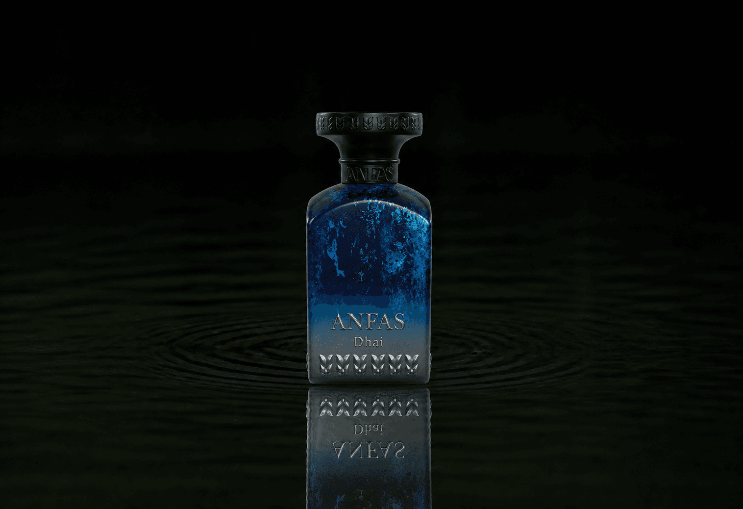 Anfas Dhai fragrance bottle floating above dark water