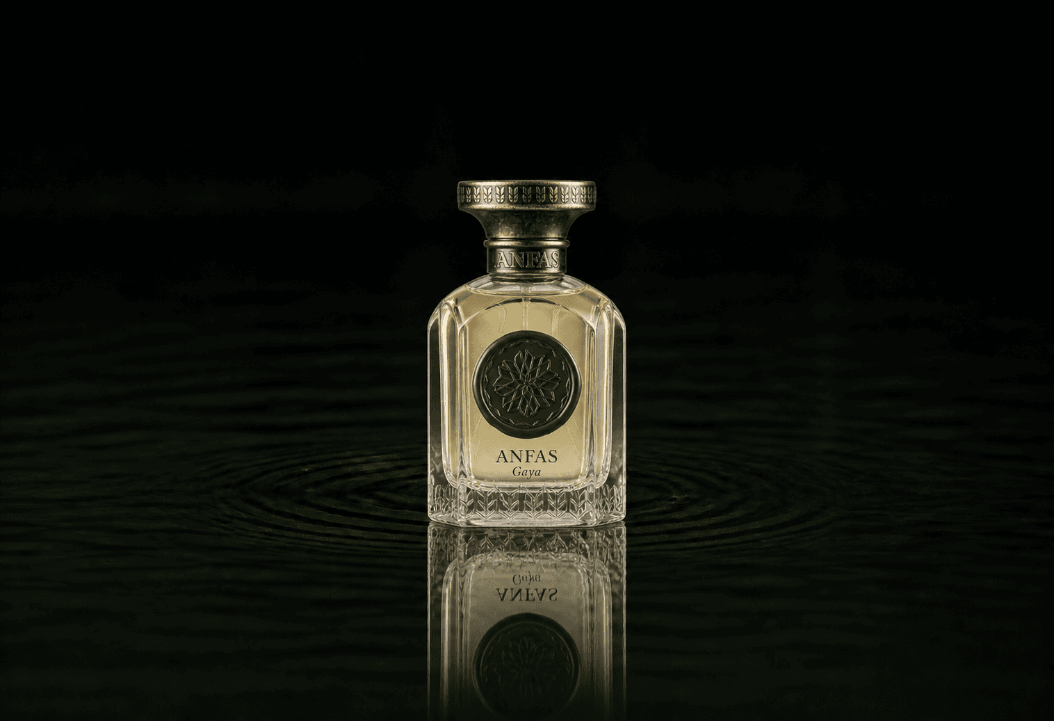 Anfas Gaya fragrance bottle floating above dark water