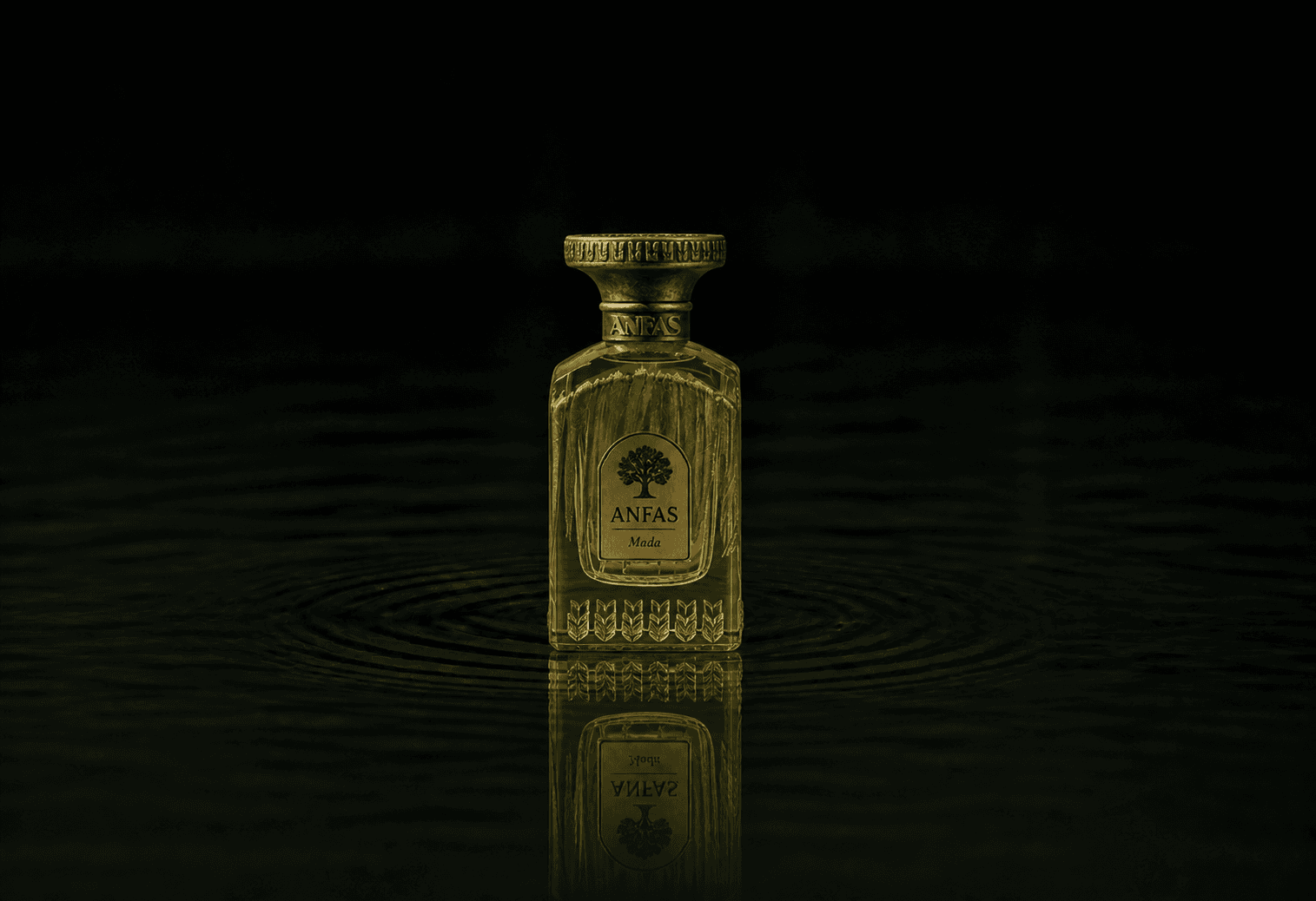 Anfas Mada fragrance bottle floating above dark water