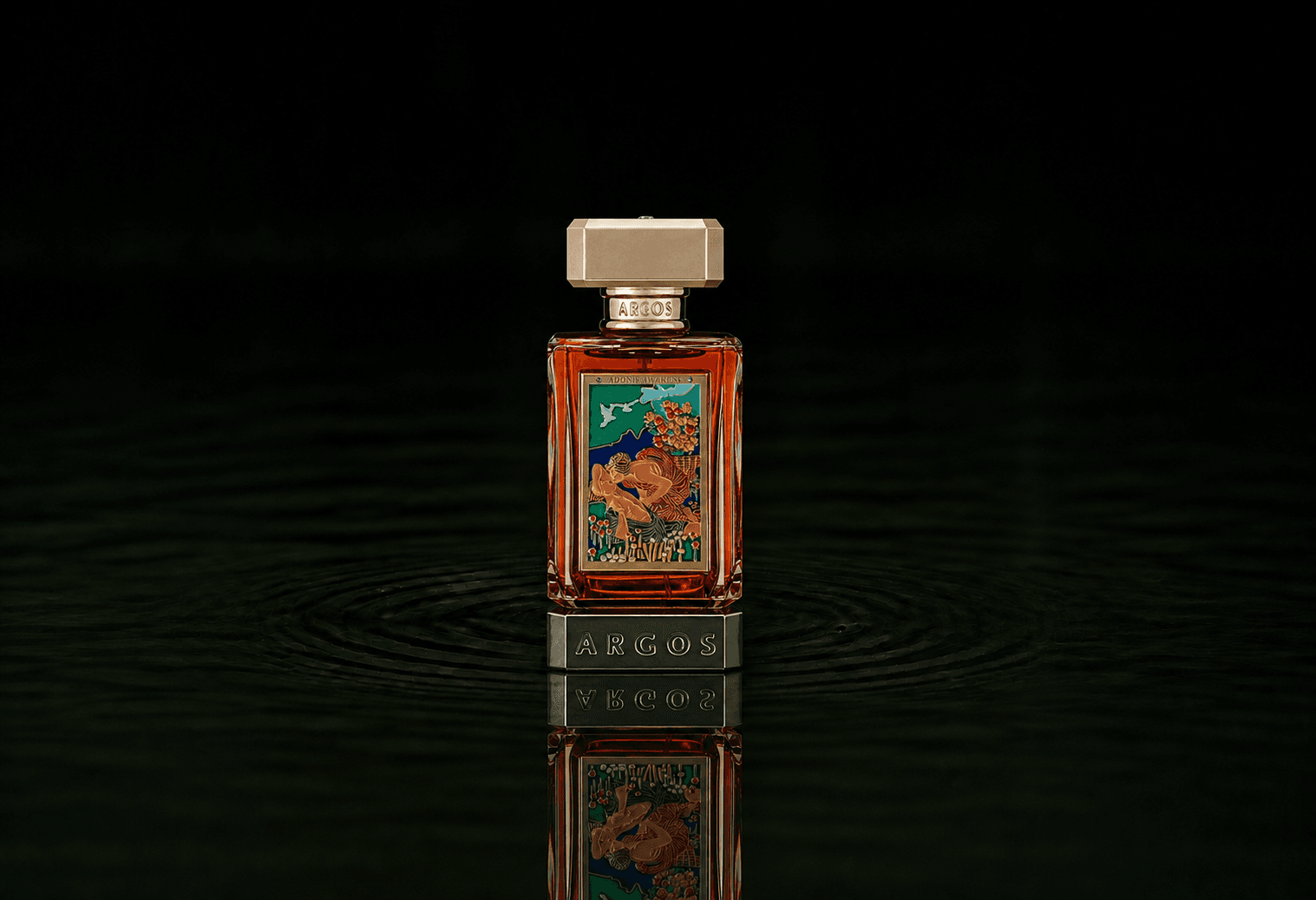 Argos Adonis Awakens fragrance bottle floating above dark water