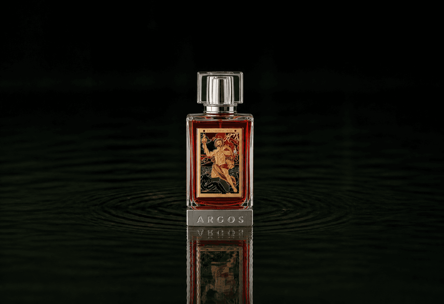 Argos Bacio Immortale fragrance bottle floating above dark water