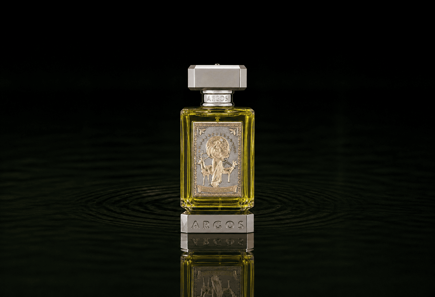 Argos Brivido della Caccia fragrance bottle floating above dark water