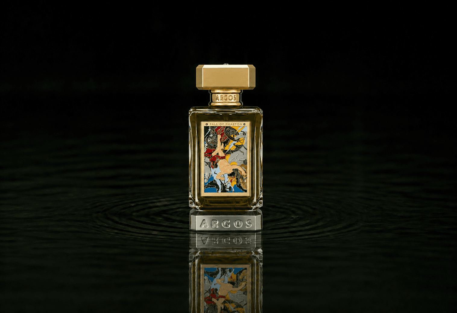 Argos Fall Of Phaeton fragrance bottle floating above dark water