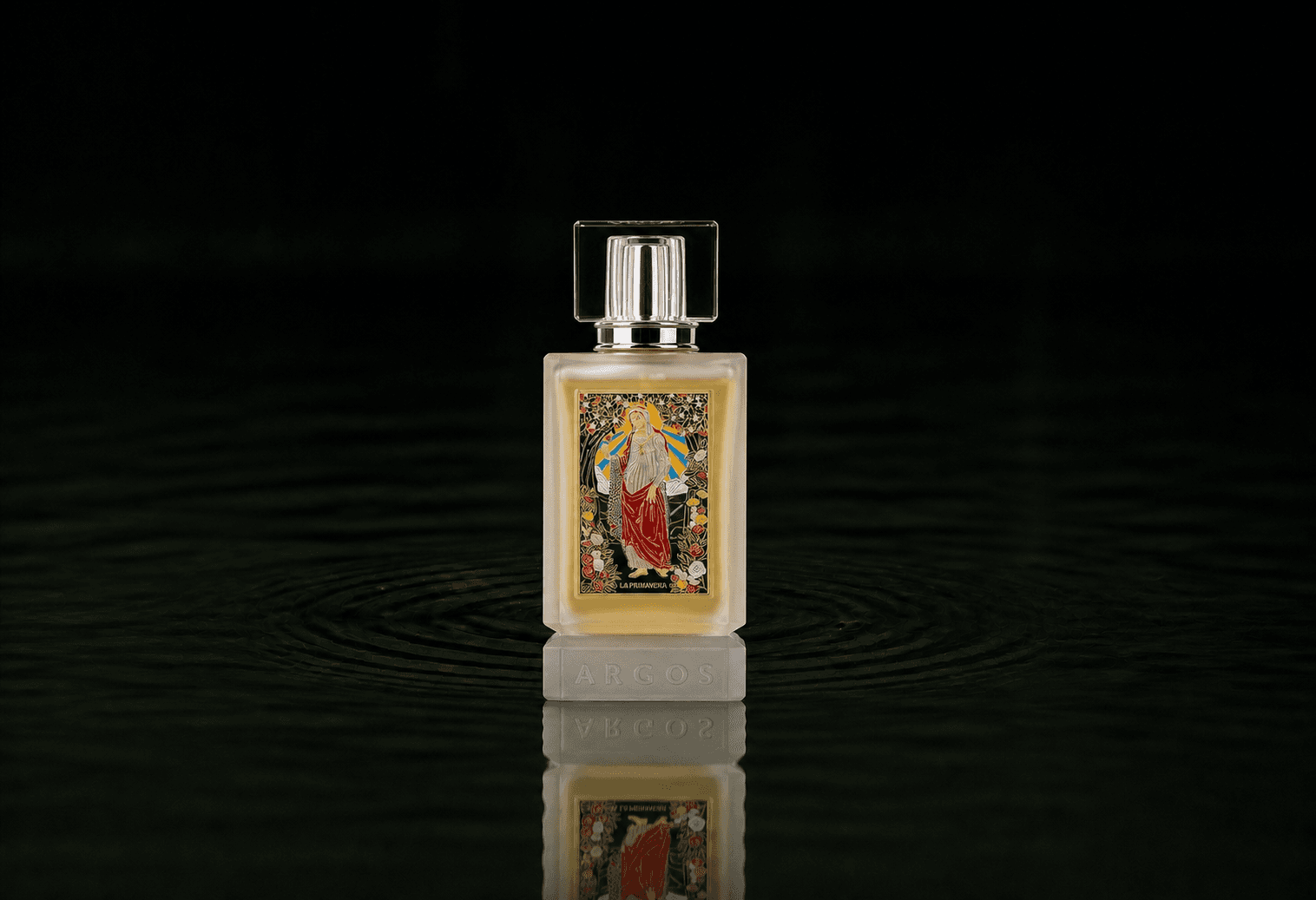 Argos La Primavera fragrance bottle floating above dark water