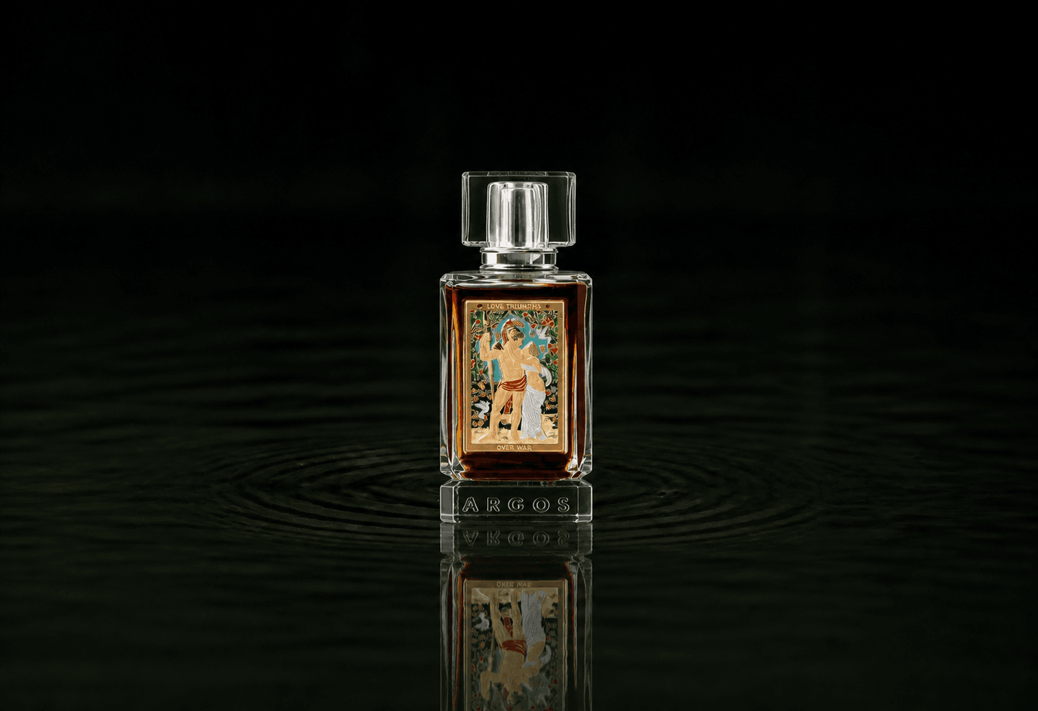 Argos Love Triumphs Over War fragrance bottle floating above dark water