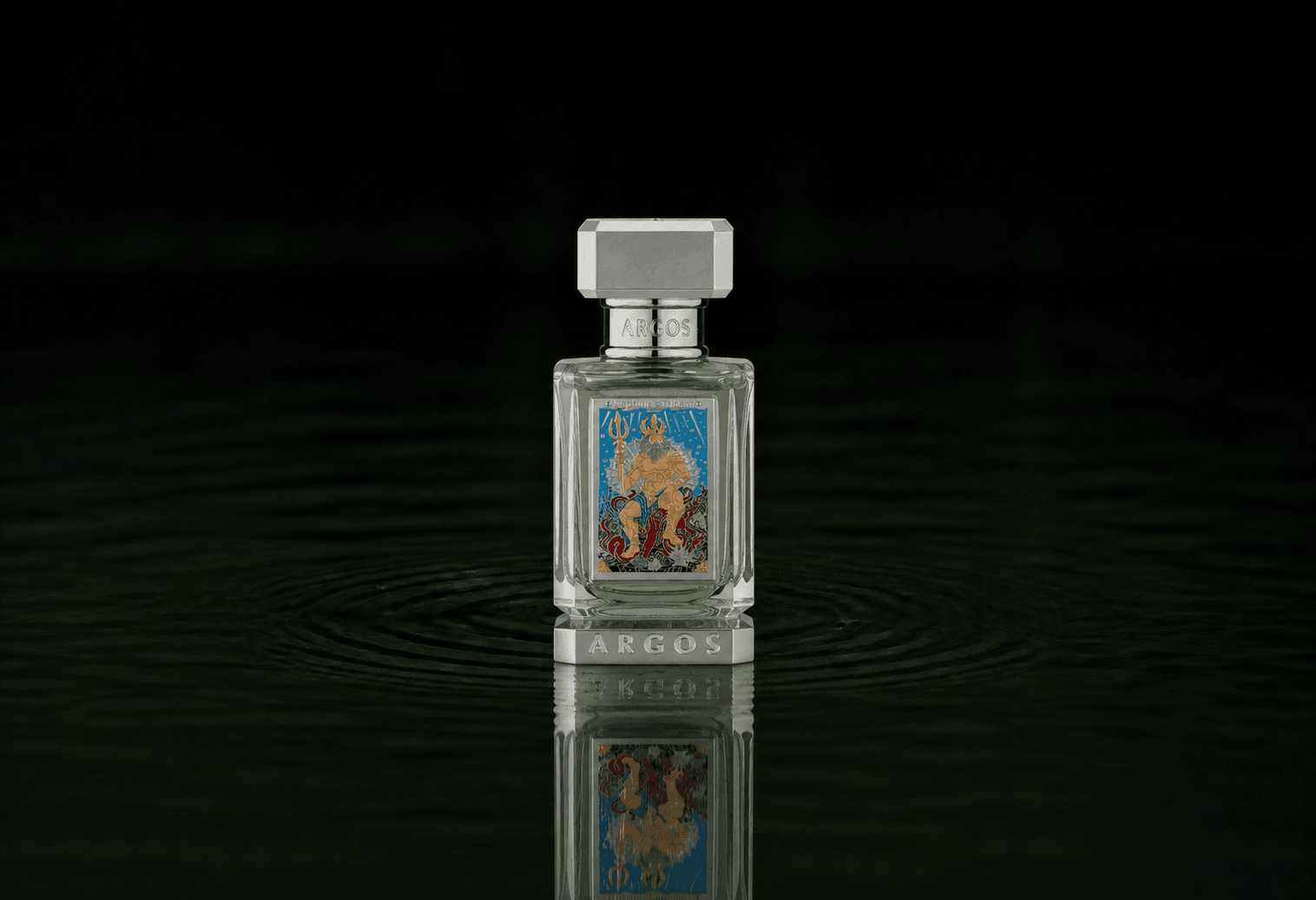 Argos Neptune's Trident fragrance bottle floating above dark water
