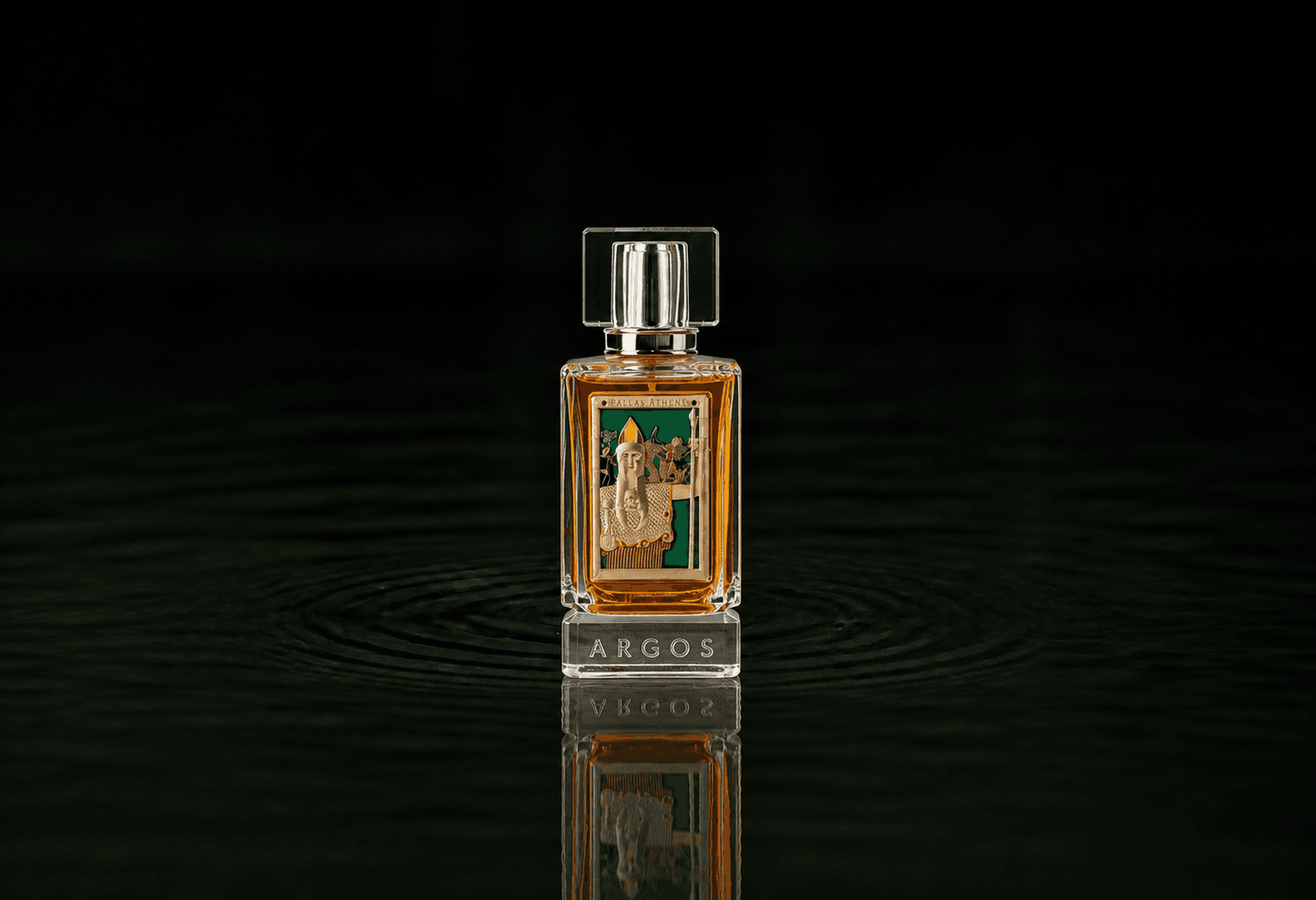 Argos Pallas Athene fragrance bottle floating above dark water