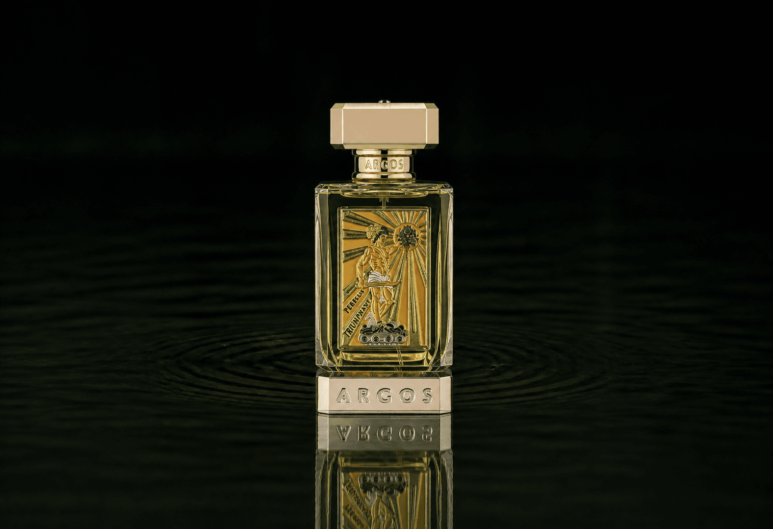 Argos Perseus Triumphant fragrance bottle floating above dark water