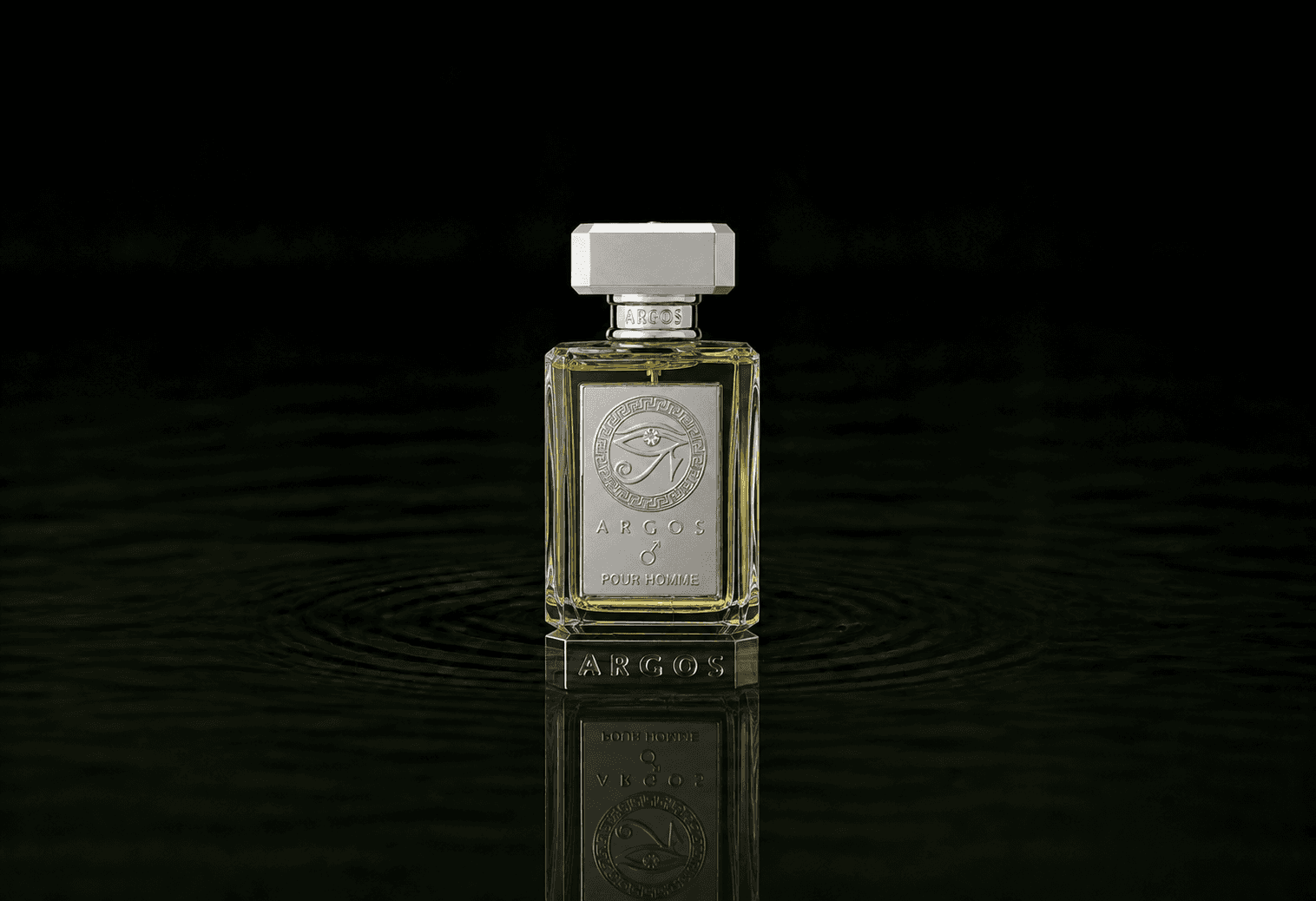 Argos Pour Homme fragrance bottle floating above dark water