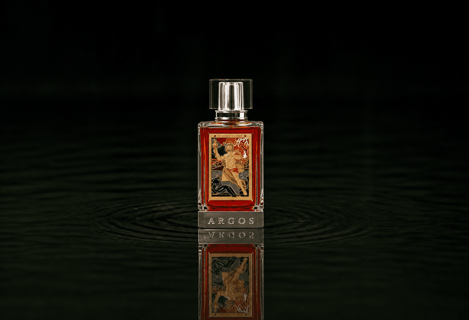 Argos Sacred Flame fragrance bottle floating above dark water