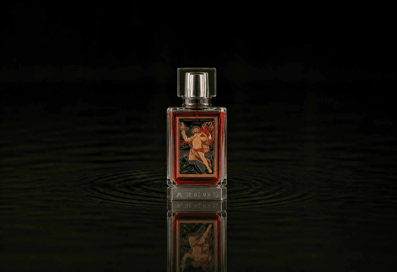 Argos Triumph of Bacchus Extrait fragrance bottle floating above dark water
