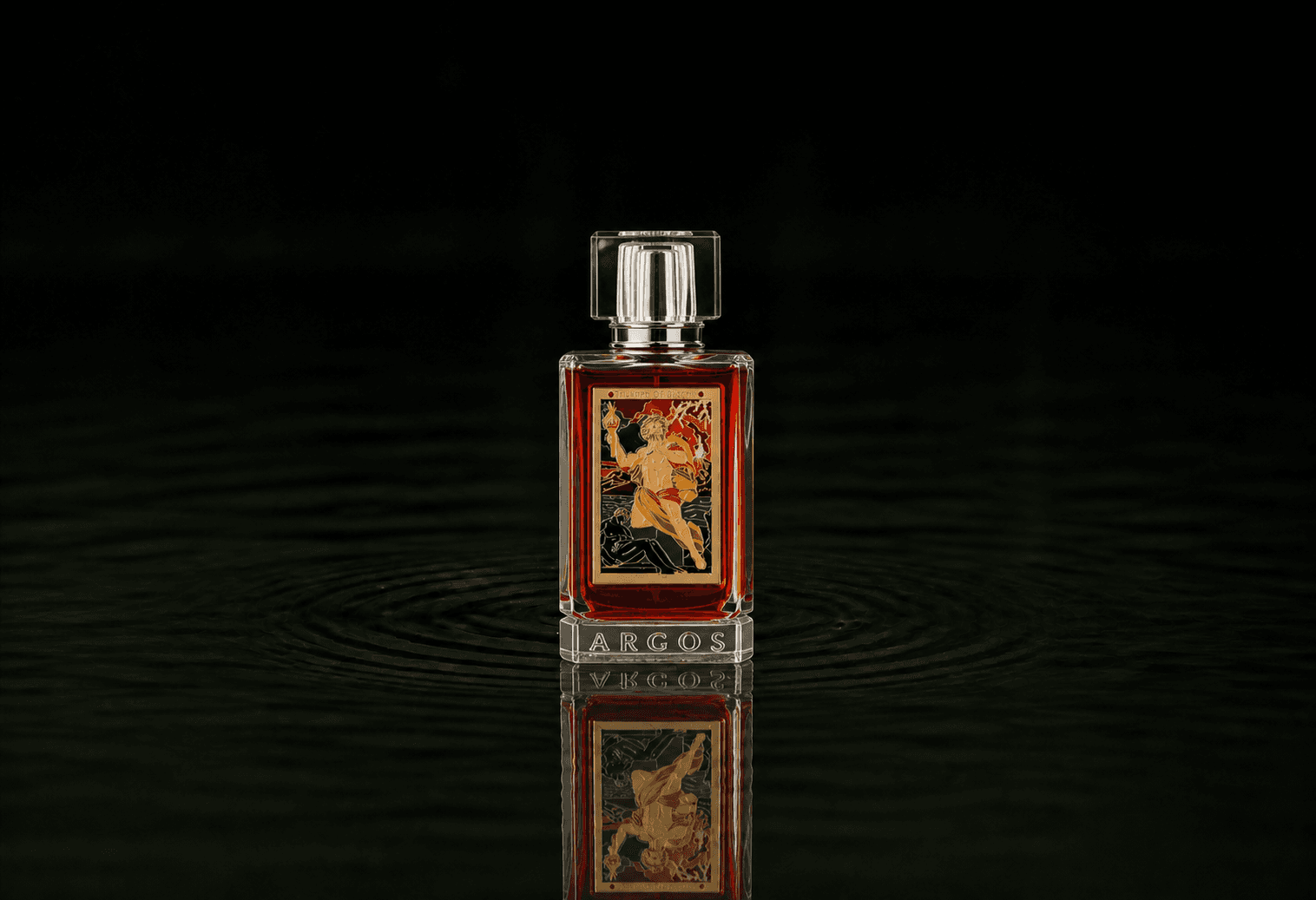Argos Triumph Of Bacchus fragrance bottle floating above dark water