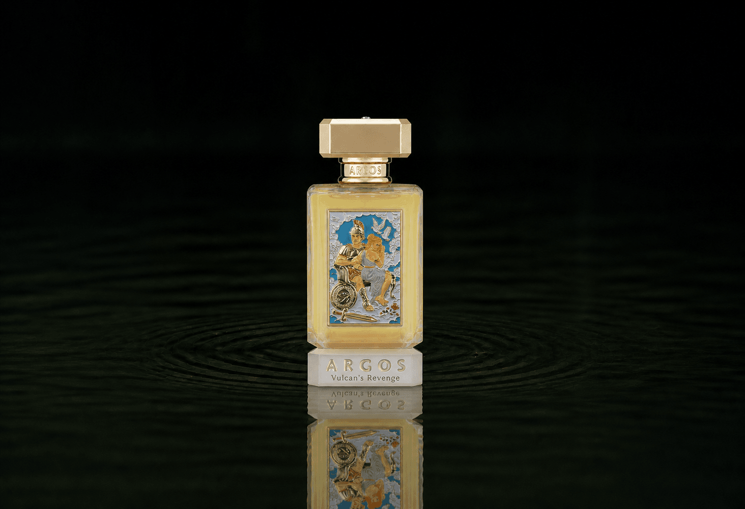 Argos Vulcan's Revenge fragrance bottle floating above dark water