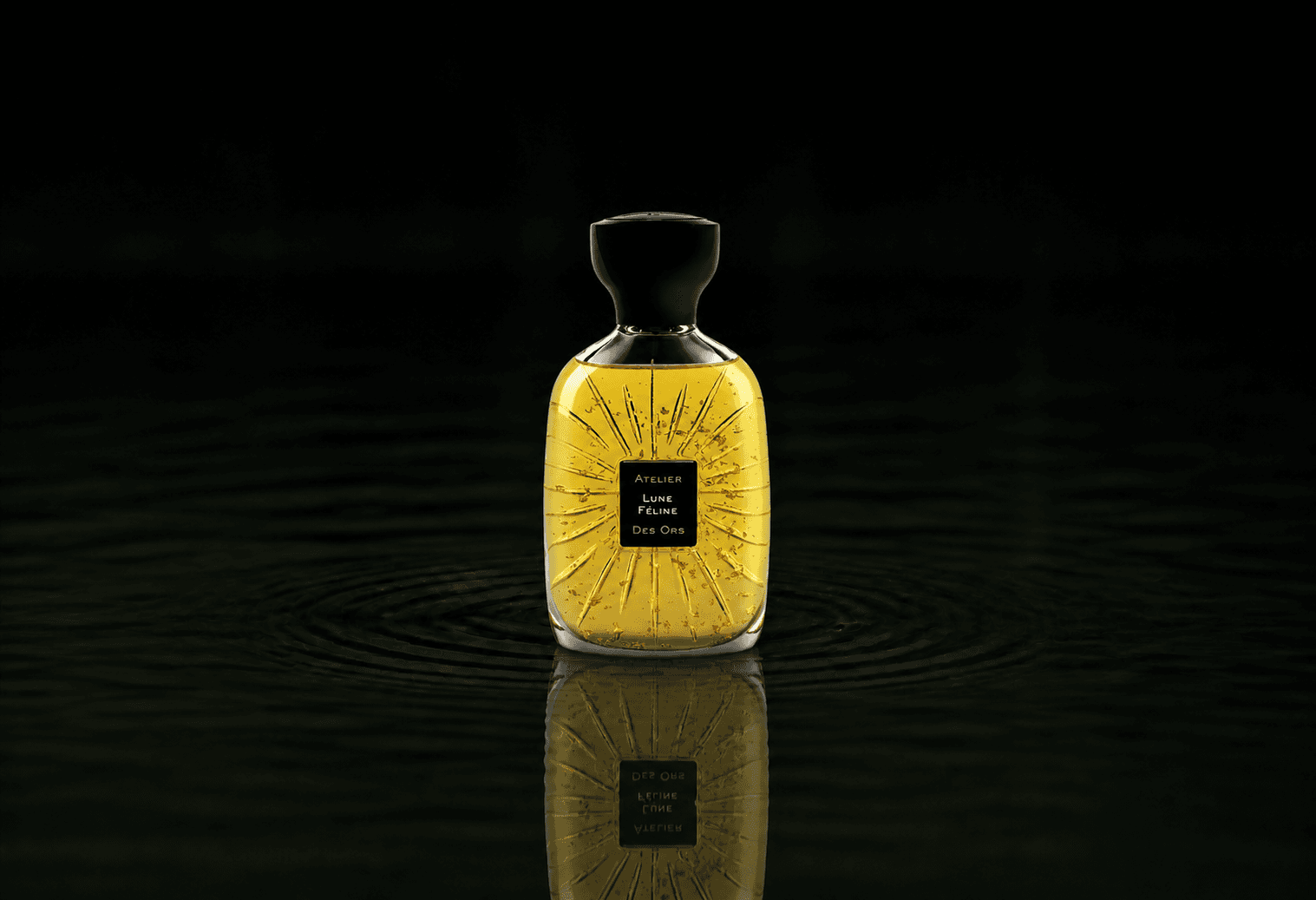 Atelier Des Ors Atelier Des Ors - Black Collection - Lune Féline fragrance bottle floating above dark water