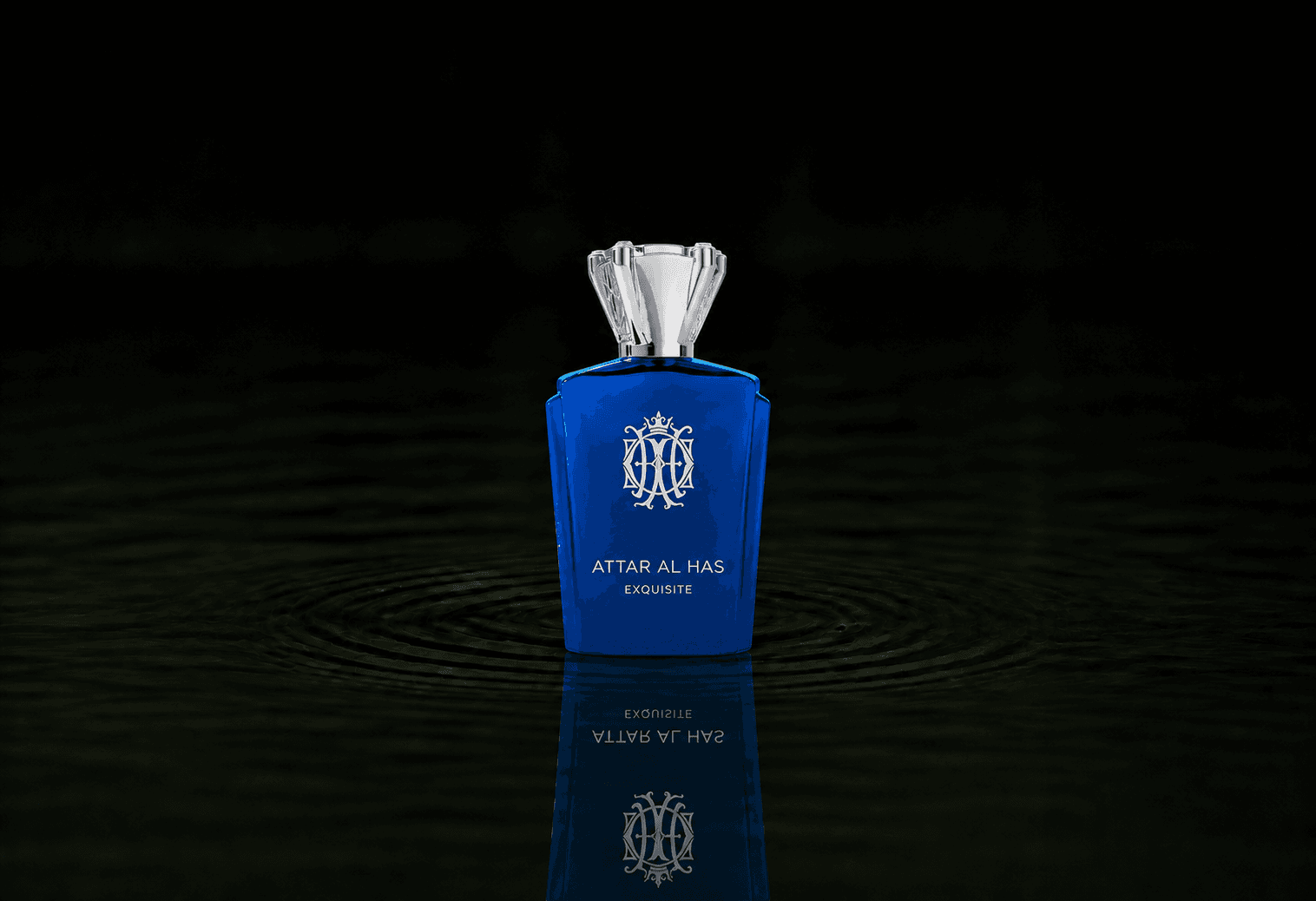 Attar Al Has Exquisite fragrance bottle floating above dark water