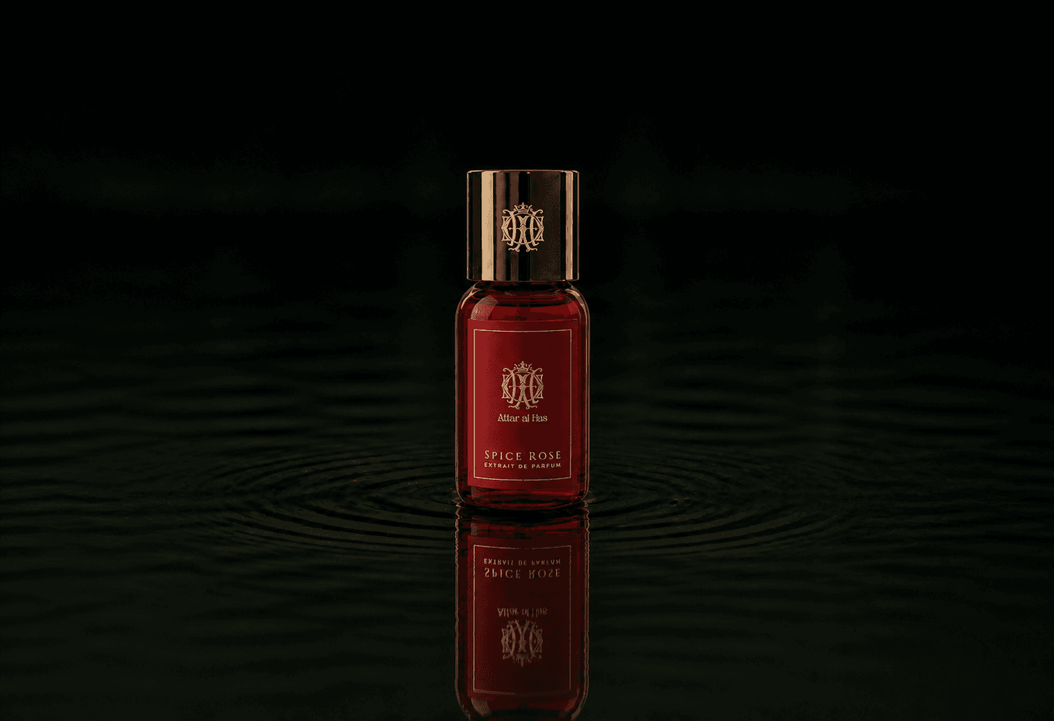 Attar Al Has Spice Rose fragrance bottle floating above dark water