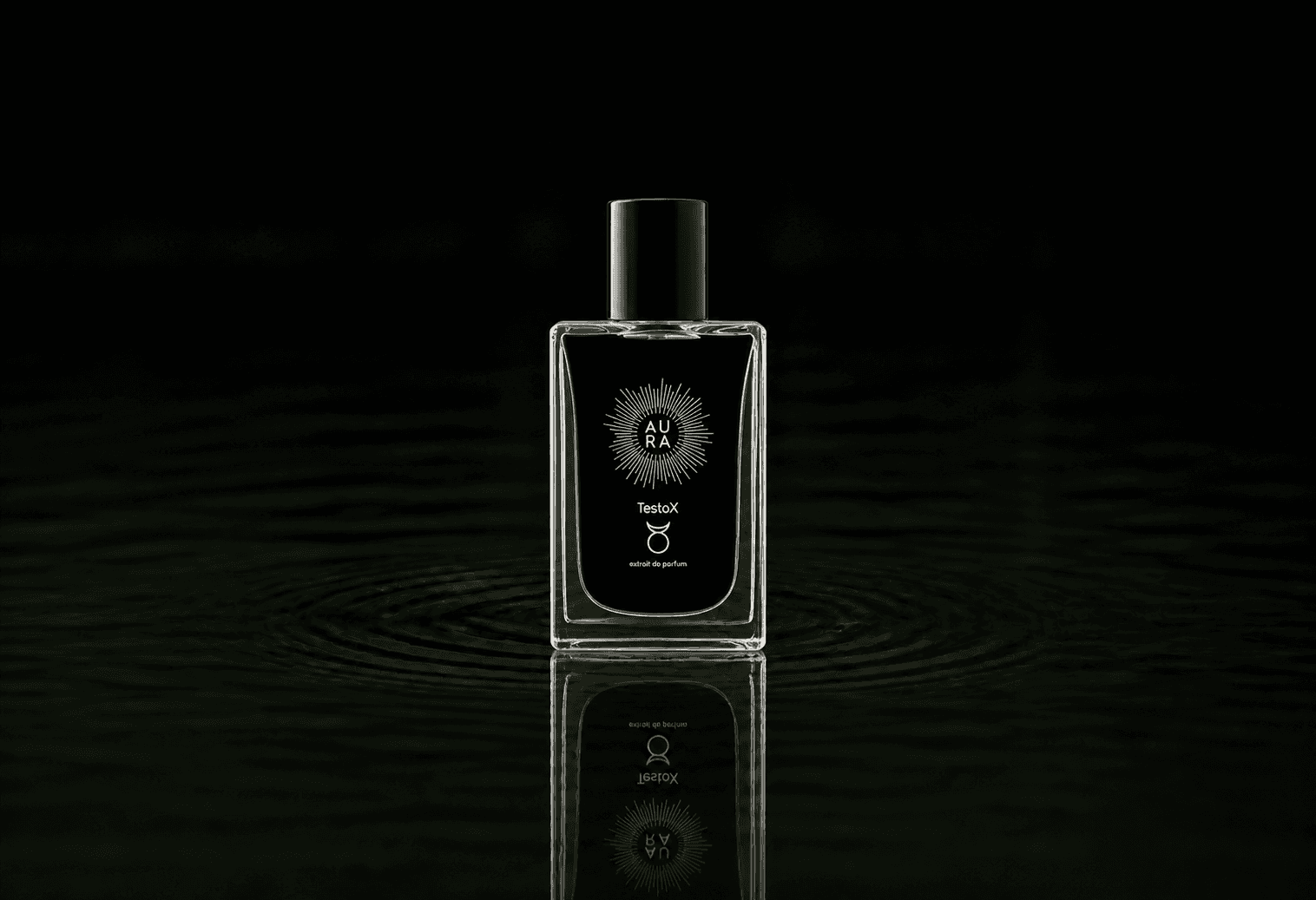 Aura Perfumes Aura Perfume - TestoX fragrance bottle floating above dark water