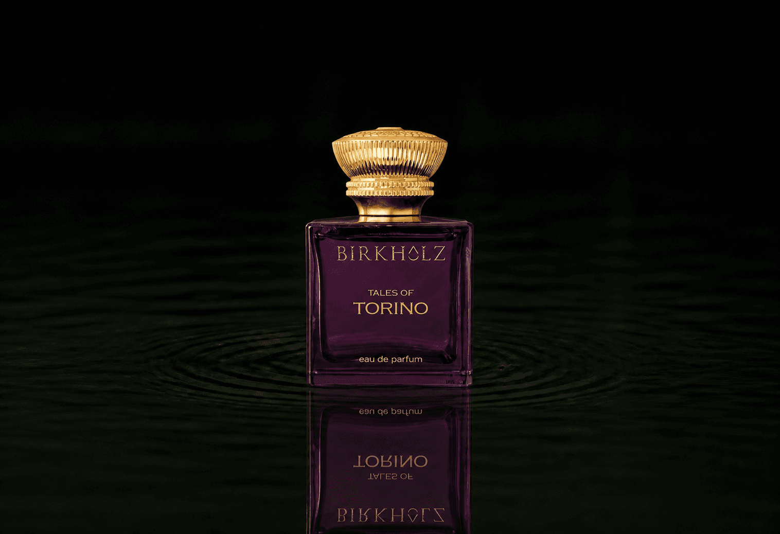 Birkholz Tales Of Torino fragrance bottle floating above dark water