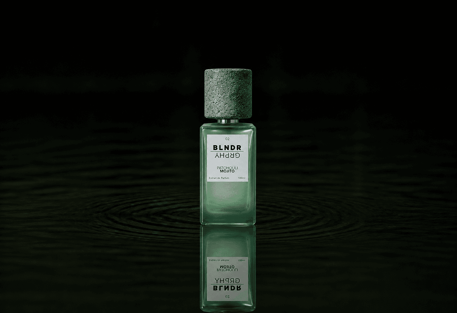 Blndr Grphy 02 Patchouli Mojito fragrance bottle floating above dark water