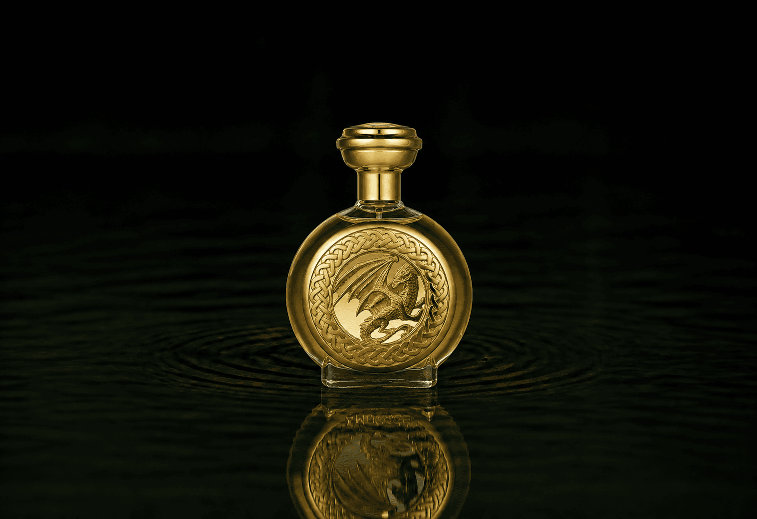 Boadicea The Victorious Dragon fragrance bottle floating above dark water