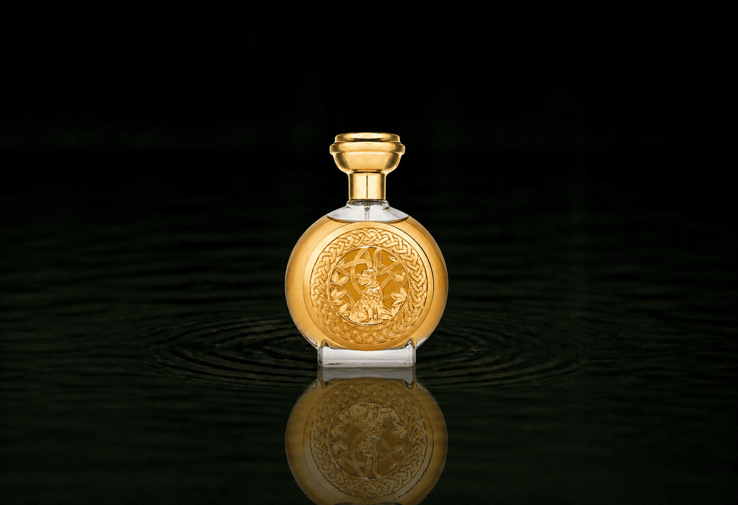 Boadicea The Victorious Hasu fragrance bottle floating above dark water