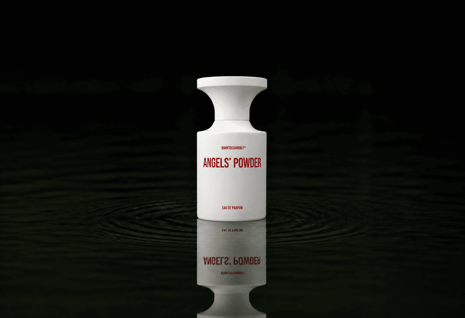 BORNTOSTANDOUT Angel's Powder fragrance bottle floating above dark water