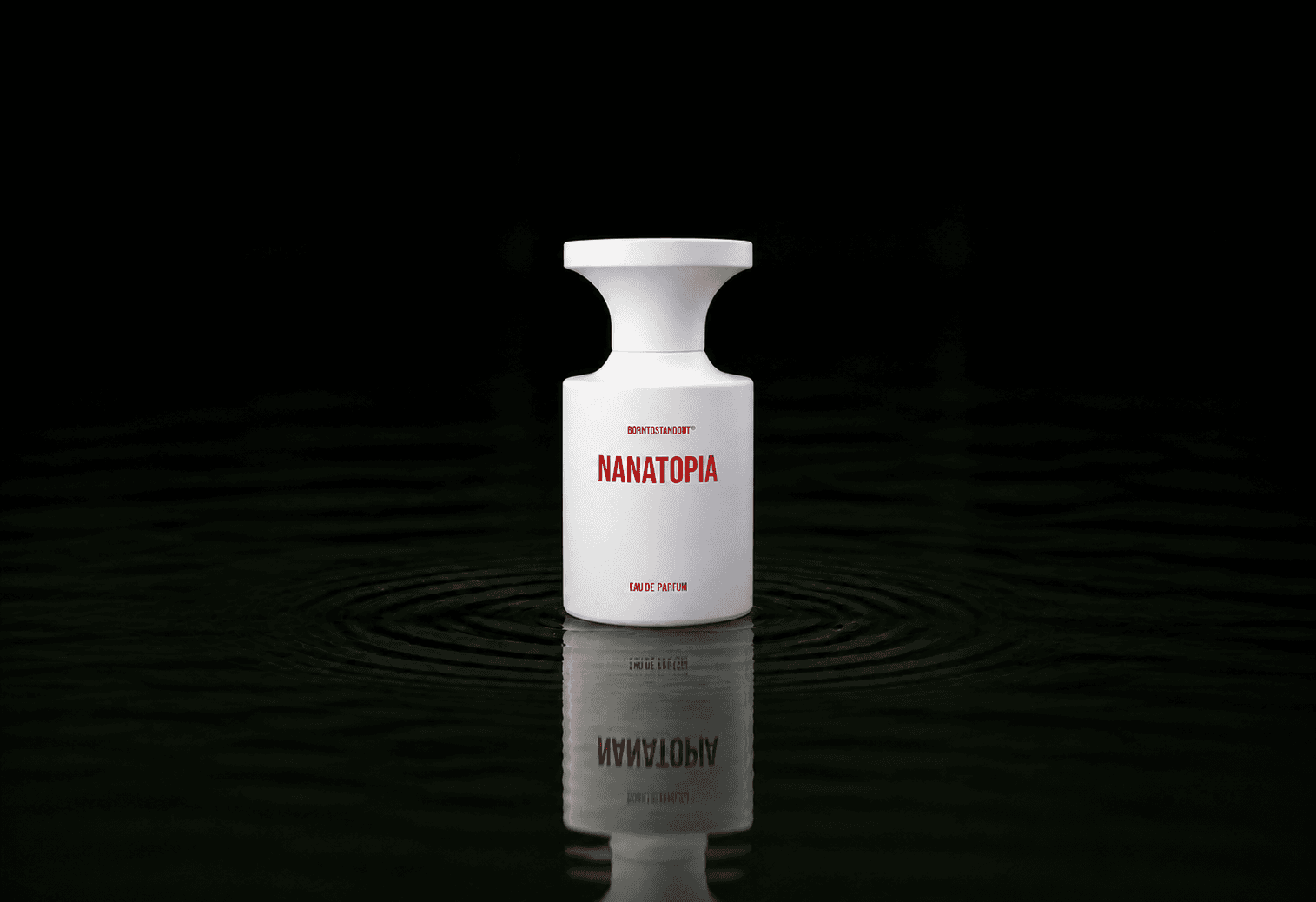 BORNTOSTANDOUT Nanatopia fragrance bottle floating above dark water