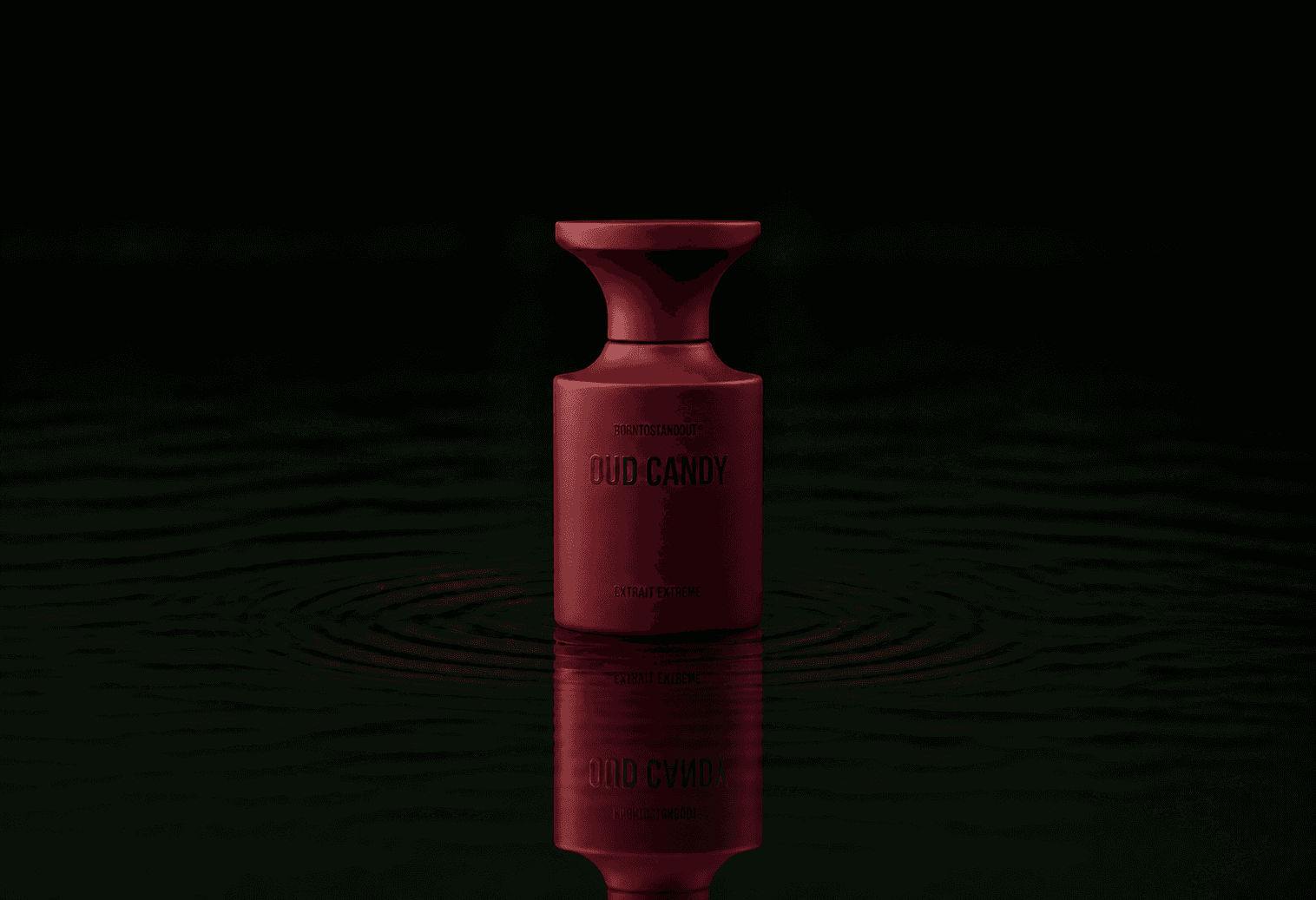 BORNTOSTANDOUT Oud Candy - Extrait Extreme fragrance bottle floating above dark water