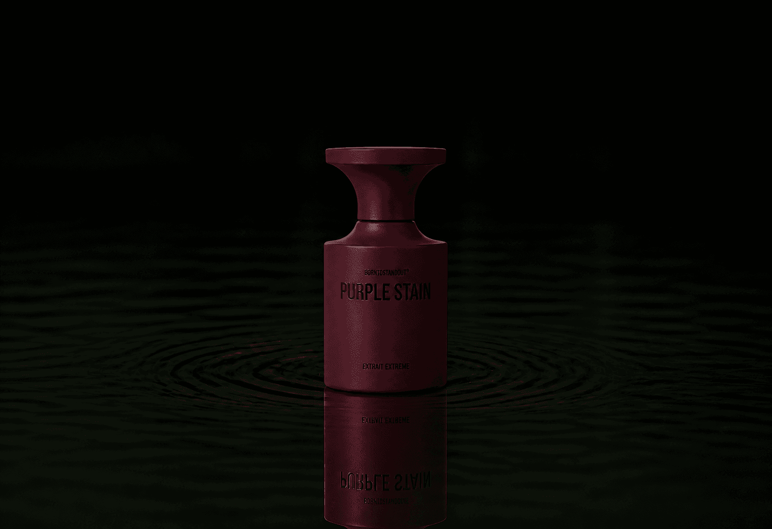 BORNTOSTANDOUT Purple Stain - Extrait Extreme fragrance bottle floating above dark water