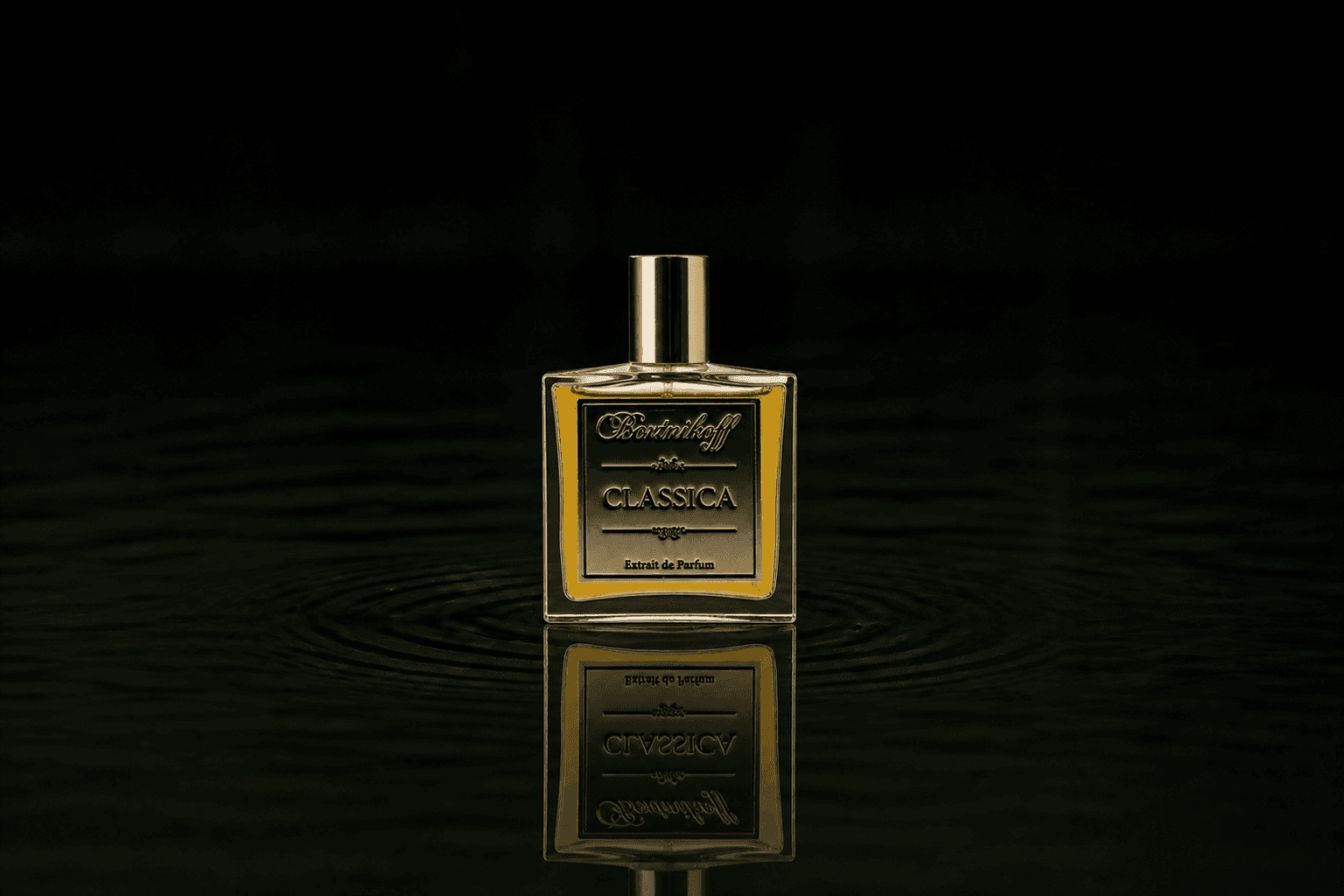 Bortnikoff Classica fragrance bottle floating above dark water