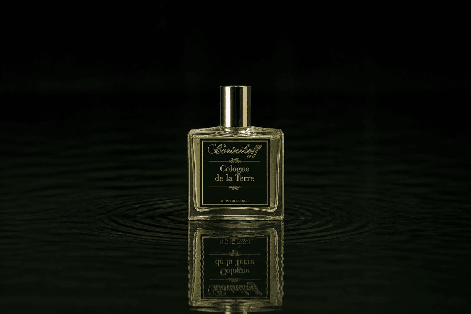 Bortnikoff Cologne De La Terre fragrance bottle floating above dark water