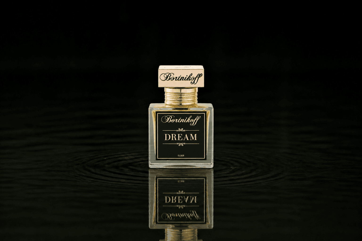 Bortnikoff Dream fragrance bottle floating above dark water