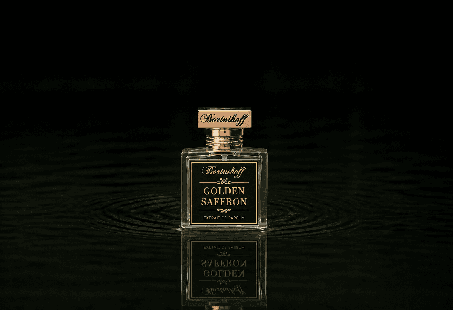 Bortnikoff Golden Saffron fragrance bottle floating above dark water