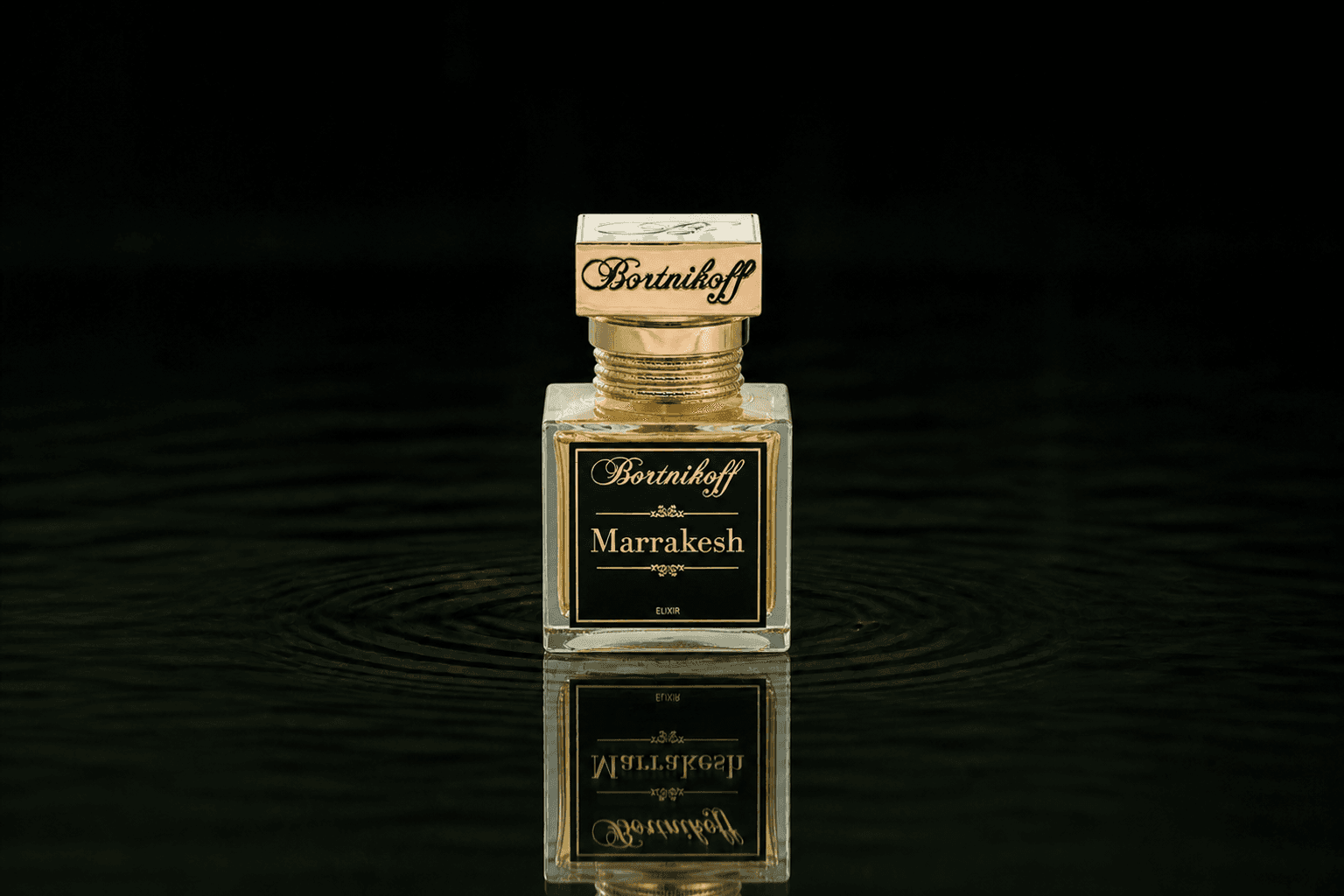 Bortnikoff Marrakesh fragrance bottle floating above dark water