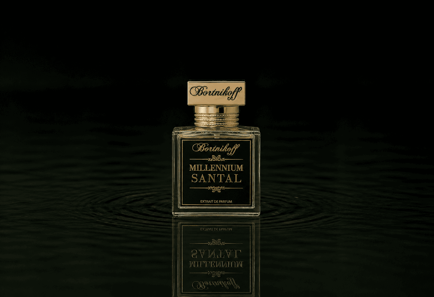 Bortnikoff Millennium Santal fragrance bottle floating above dark water