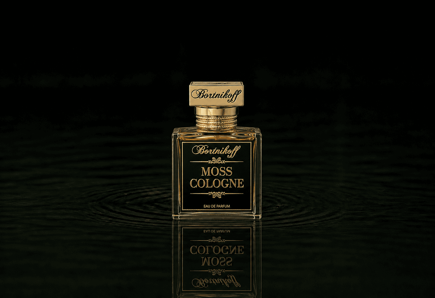 Bortnikoff Moss Cologne fragrance bottle floating above dark water