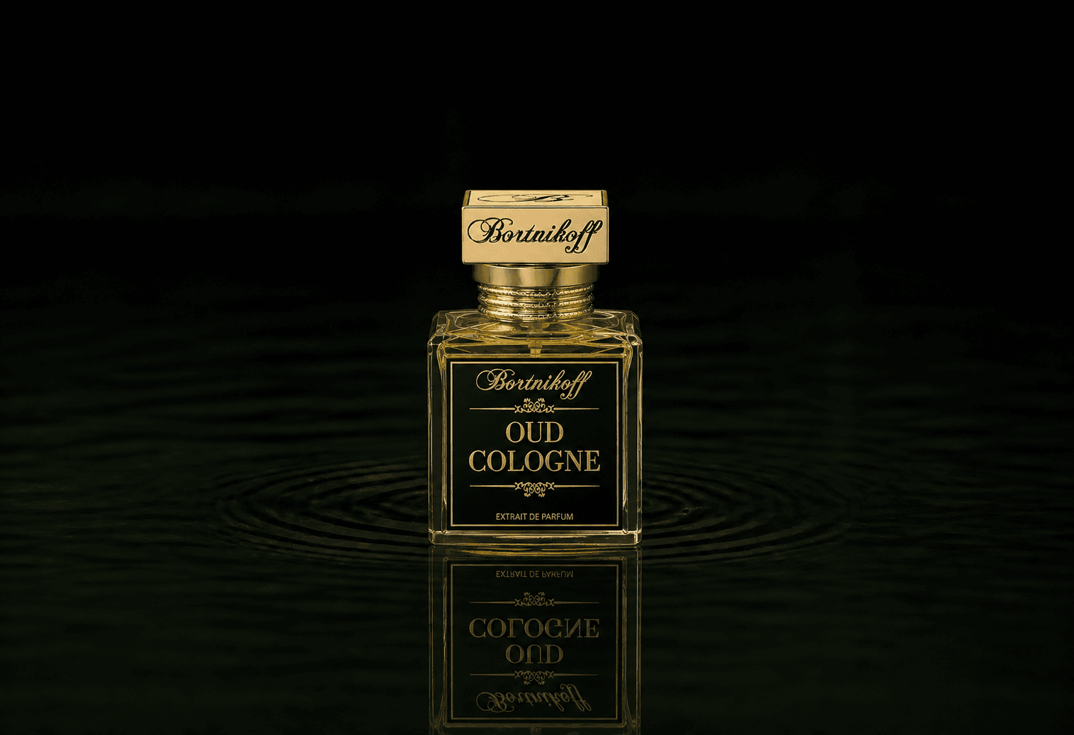 Bortnikoff Oud Cologne fragrance bottle floating above dark water