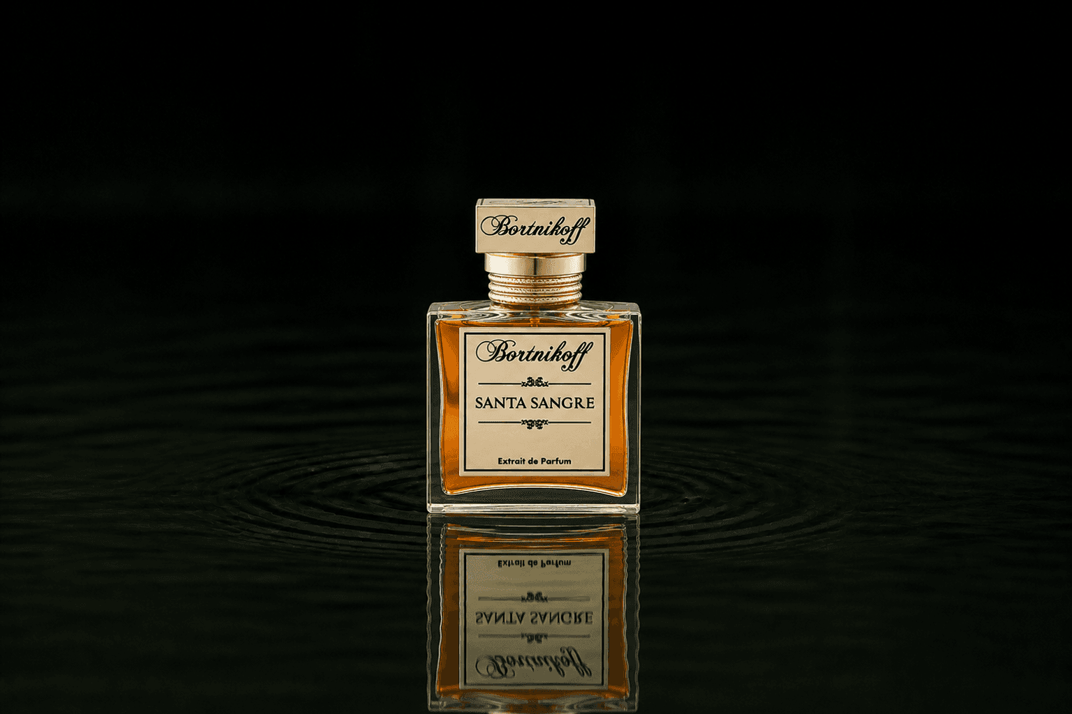 Bortnikoff Santa Sangre fragrance bottle floating above dark water